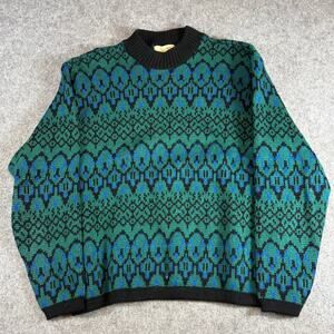 VTG 80s Mon Tricot Sweater Men Green Geometric Wool Pullover Grandpa Retro Large